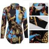 Plus Size Retro Print Long Sleeve Shirt Dress SMR-9758