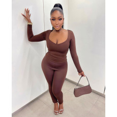 Solid Low Cut Long Sleeve Two Piece Pants Set NM-8380