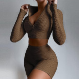 Solid Sports Long Sleeve Two Piece Shorts Set MZ-2658