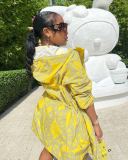 Casual Printed Drawstring Hooded Zopper Coat+Shorts 2 Piece Suits MEM-88388