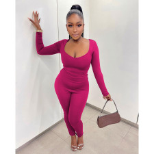 Solid Low Cut Long Sleeve Two Piece Pants Set NM-8380