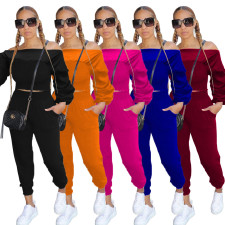 Solid Slash Neck Lantern Sleeve 2 Piece Pants Set MAE-2117