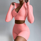 Solid Sports Long Sleeve Two Piece Shorts Set MZ-2658
