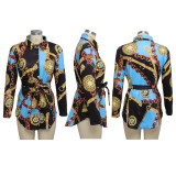 Plus Size Retro Print Long Sleeve Shirt Dress SMR-9758