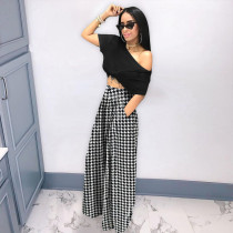 Plus Size Houdstooth Dot Print High Waist Wide Leg Pants SH-390198