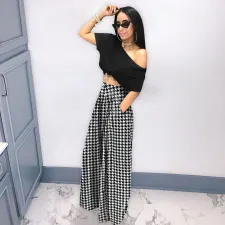 Plus Size Houdstooth Dot Print High Waist Wide Leg Pants SH-390198