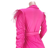 Solid Feather Patchwork Full Sleeve Sashes Coat ASL-6502