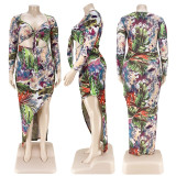Plus Size Sexy Printed Full Sleeve Irregular Long Dress ASL-7051