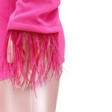 Solid Feather Patchwork Full Sleeve Sashes Coat ASL-6502