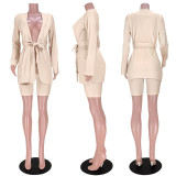 Solid Sashes Blazer Coat +Shorts Two Piece Suits ASL-6505