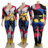 Plus Size Casual Printed V Neck Sashes Jumpsuit WPF-80318
