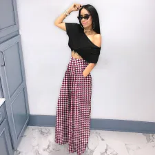 Plus Size Houdstooth Dot Print High Waist Wide Leg Pants SH-390198