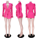 Solid Feather Patchwork Full Sleeve Sashes Coat ASL-6502