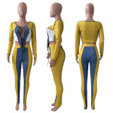 Sexy Ribbed Lace-Up Patchwork Long Sleeve 2 Piece Pants Set NIK-262