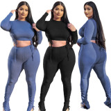 Plus Size Solid Drawstring Long Sleeve 2 Piece Pants Set ONY-5104
