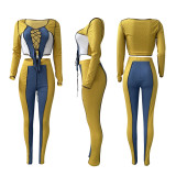 Sexy Ribbed Lace-Up Patchwork Long Sleeve 2 Piece Pants Set NIK-262