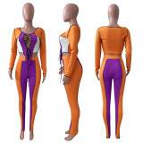 Sexy Ribbed Lace-Up Patchwork Long Sleeve 2 Piece Pants Set NIK-262