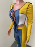 Sexy Ribbed Lace-Up Patchwork Long Sleeve 2 Piece Pants Set NIK-262