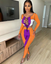 Sexy Ribbed Lace-Up Patchwork Long Sleeve 2 Piece Pants Set NIK-262