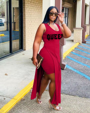 Plus Size Queen Letter Sleeveless Split Top And Shorts 2 Piece Sets WAF-77247