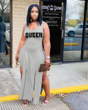 Plus Size Queen Letter Sleeveless Split Top And Shorts 2 Piece Sets WAF-77247