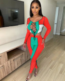 Sexy Ribbed Lace-Up Patchwork Long Sleeve 2 Piece Pants Set NIK-262