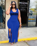 Plus Size Queen Letter Sleeveless Split Top And Shorts 2 Piece Sets WAF-77247