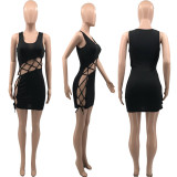 Sexy Solid Sleeveless Lace-Up Hollow Mini Dress PHF-1221
