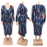 Plus Size Printed V Neck Long Sleeve Midi Dress PHF-13242