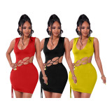 Sexy Solid Sleeveless Lace-Up Hollow Mini Dress PHF-1221