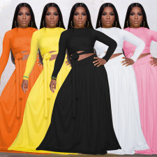 Solid Long Sleeve Maxi Skirt Two Piece Sets PHF-13251