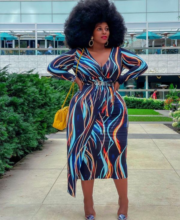 Plus Size Printed V Neck Long Sleeve Midi Dress PHF-13242