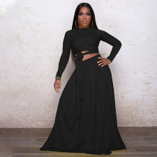 Solid Long Sleeve Maxi Skirt Two Piece Sets PHF-13251
