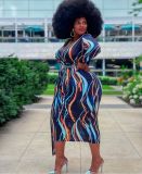 Plus Size Printed V Neck Long Sleeve Midi Dress PHF-13242