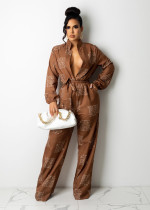 Casual Printed Long Sleeve Buttons Sashes Jumpsuit SHD-9802