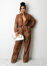 Casual Printed Long Sleeve Buttons Sashes Jumpsuit SHD-9802