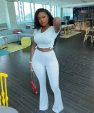 Solid Short Sleeve Ruched Top And Flare Pants 2 Piece Sets LM-8277