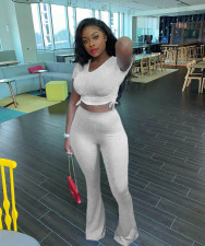 Solid Short Sleeve Ruched Top And Flare Pants 2 Piece Sets LM-8277