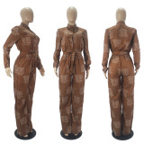 Casual Printed Long Sleeve Buttons Sashes Jumpsuit SHD-9802