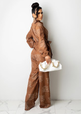 Casual Printed Long Sleeve Buttons Sashes Jumpsuit SHD-9802