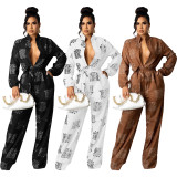 Casual Printed Long Sleeve Buttons Sashes Jumpsuit SHD-9802