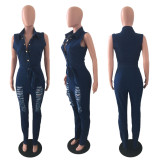 Denim Ripped Hole Sleeveless Sashes Jeans Jumpsuit LX-3507