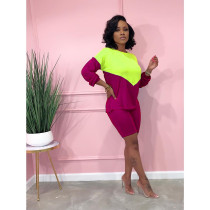 Plus Size Contrast Color Patchwork Long Sleeve 2 Piece Shorts Set LM-8276