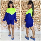 Plus Size Contrast Color Patchwork Long Sleeve 2 Piece Shorts Set LM-8276