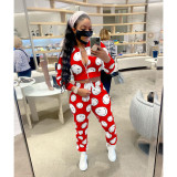 Smiley Print Long Sleeve Zipper Two Piece Pants Set IV-8243