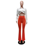 Solid Backless Blouse Top +Flare Pants 2 Piece Sets MEM-88389
