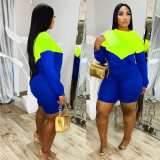 Plus Size Contrast Color Patchwork Long Sleeve 2 Piece Shorts Set LM-8276