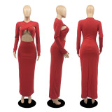 Sexy Solid Long Sleeve Hollow Slim Maxi Dress DDF-88122