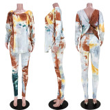 Tie Dye Long Sleeve Backless Knotted 2 Piece Pants Set ASL-6399