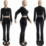 Solid Velvet Long Sleeve Zipper 2 Piece Pants Set FSL-F171